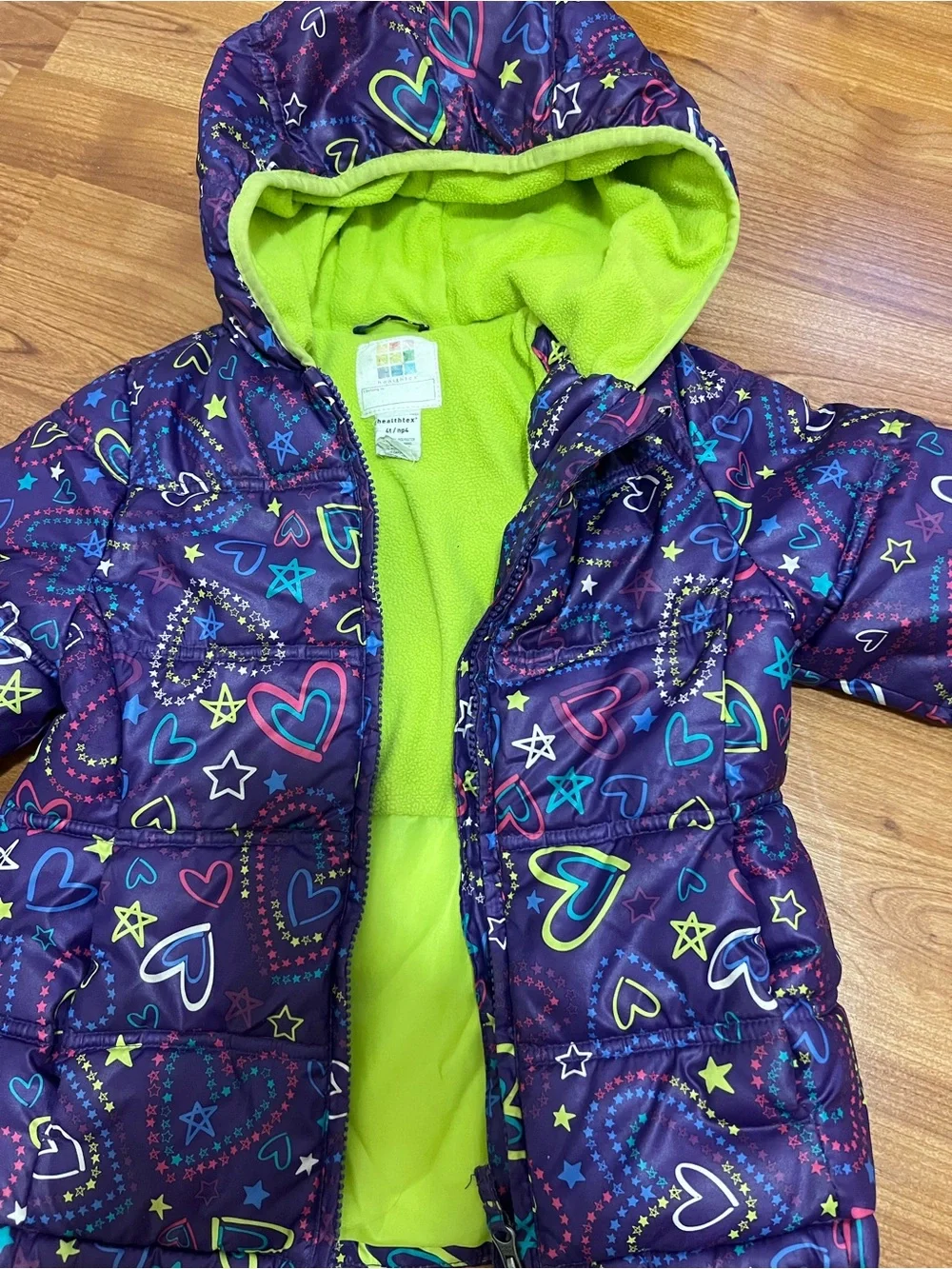 Girl's Healthtex Size 4T Puffer Jacket w/ hearts overall Purple w/lime lining